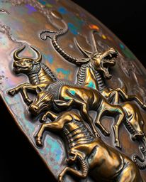 A cast bronze surface with iridescent colors depicts a carnival dramatically overtaken by wild animals. The antique patina fi