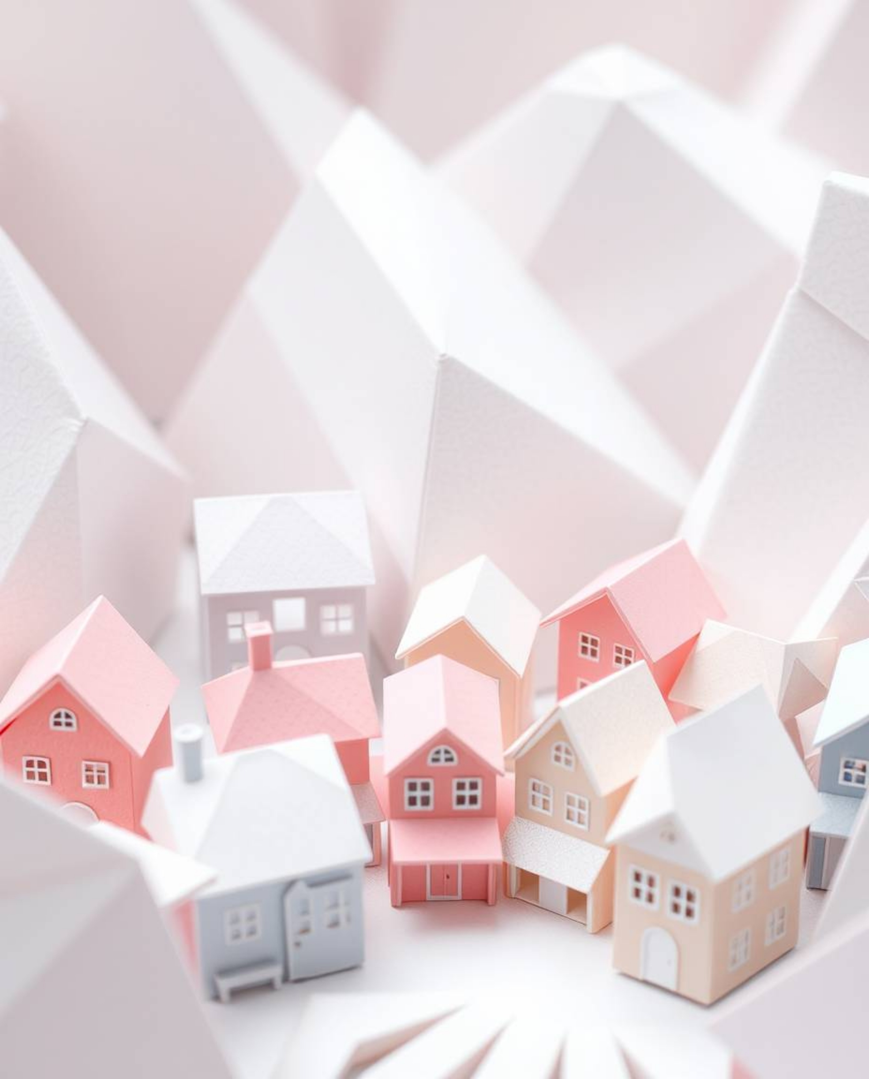 Discover a captivating close-up shot of a serene, sleepy town meticulously crafted in an origami style.  Pastel-colored house