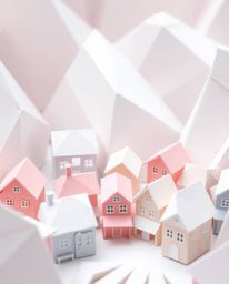Discover a captivating close-up shot of a serene, sleepy town meticulously crafted in an origami style.  Pastel-colored house