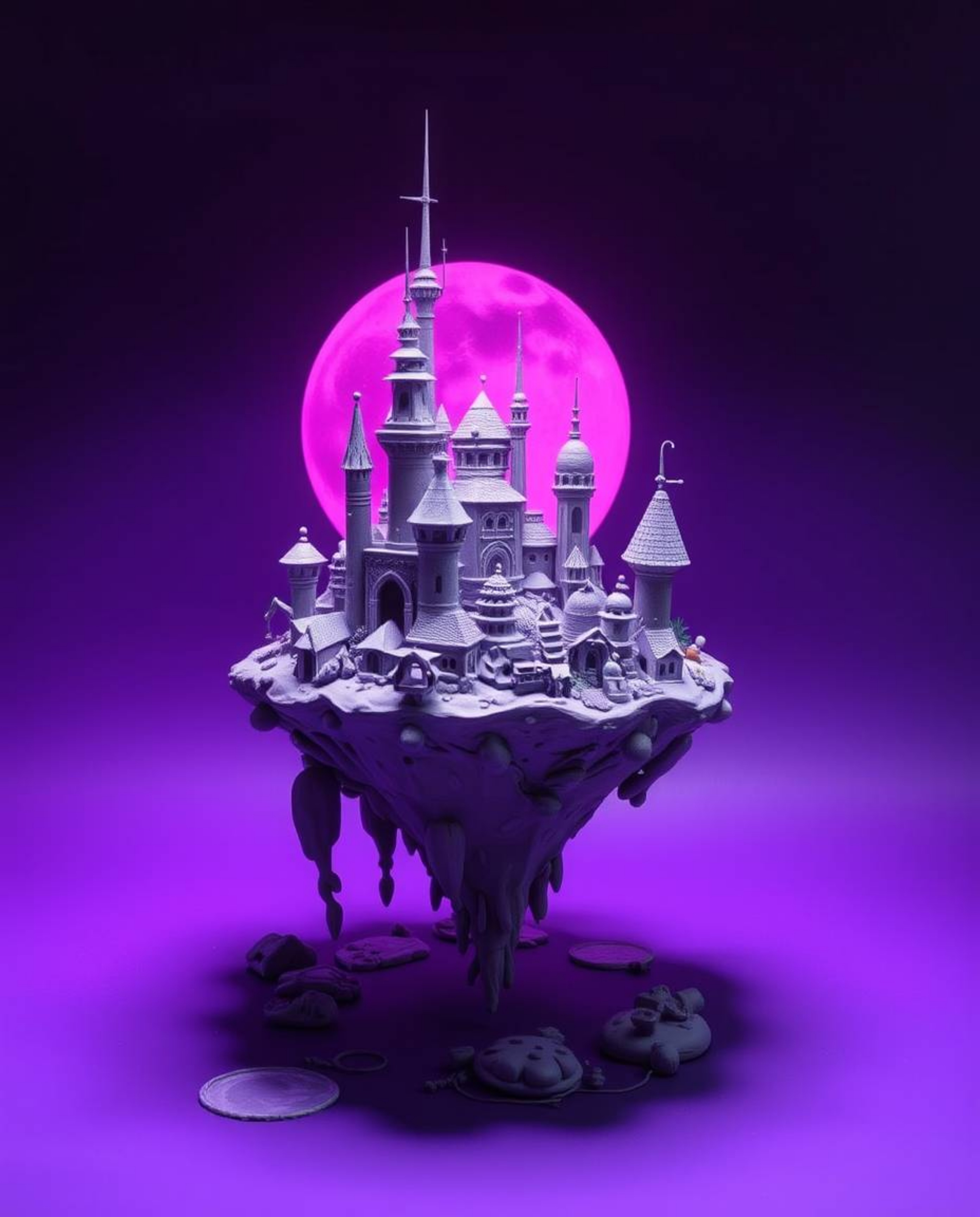 Explore a surreal floating island sculpted in clay, bathed in deep ultraviolet hues and dramatic lighting. This artwork showc