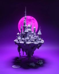 Explore a surreal floating island sculpted in clay, bathed in deep ultraviolet hues and dramatic lighting. This artwork showc