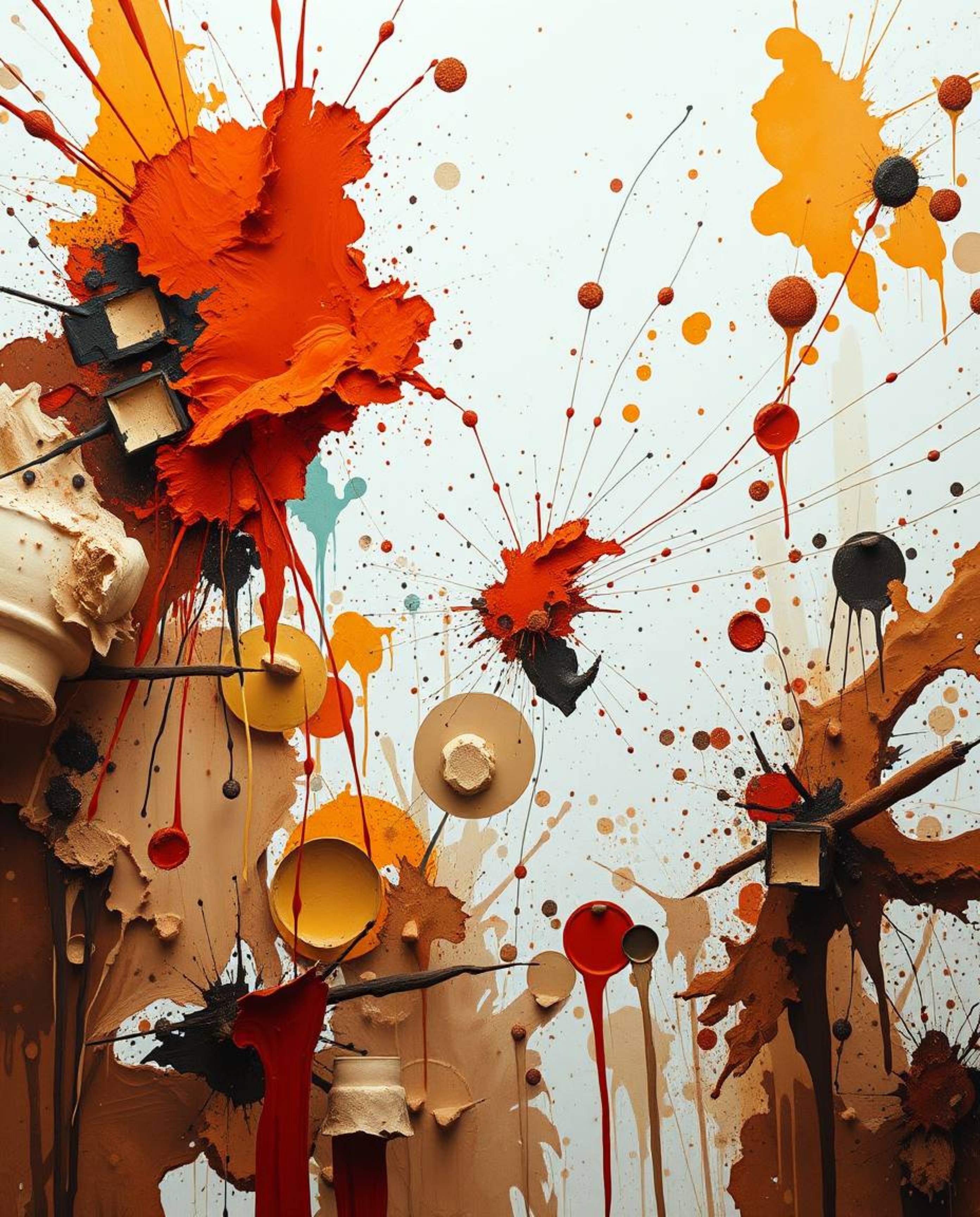 Witness a vibrant explosion of colorful paint splashes on a white canvas, rendered in high detail with abstract art elements.