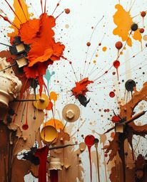 Witness a vibrant explosion of colorful paint splashes on a white canvas, rendered in high detail with abstract art elements.