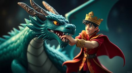 A charming prince battles a fearsome dragon in this vibrant 1950s-style animation.  The rich teal color palette, blurred boke