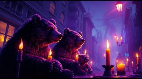 Embark on a dreamlike urban adventure with a bear family depicted in a surreal image. Bathed in deep ultraviolet hues and war