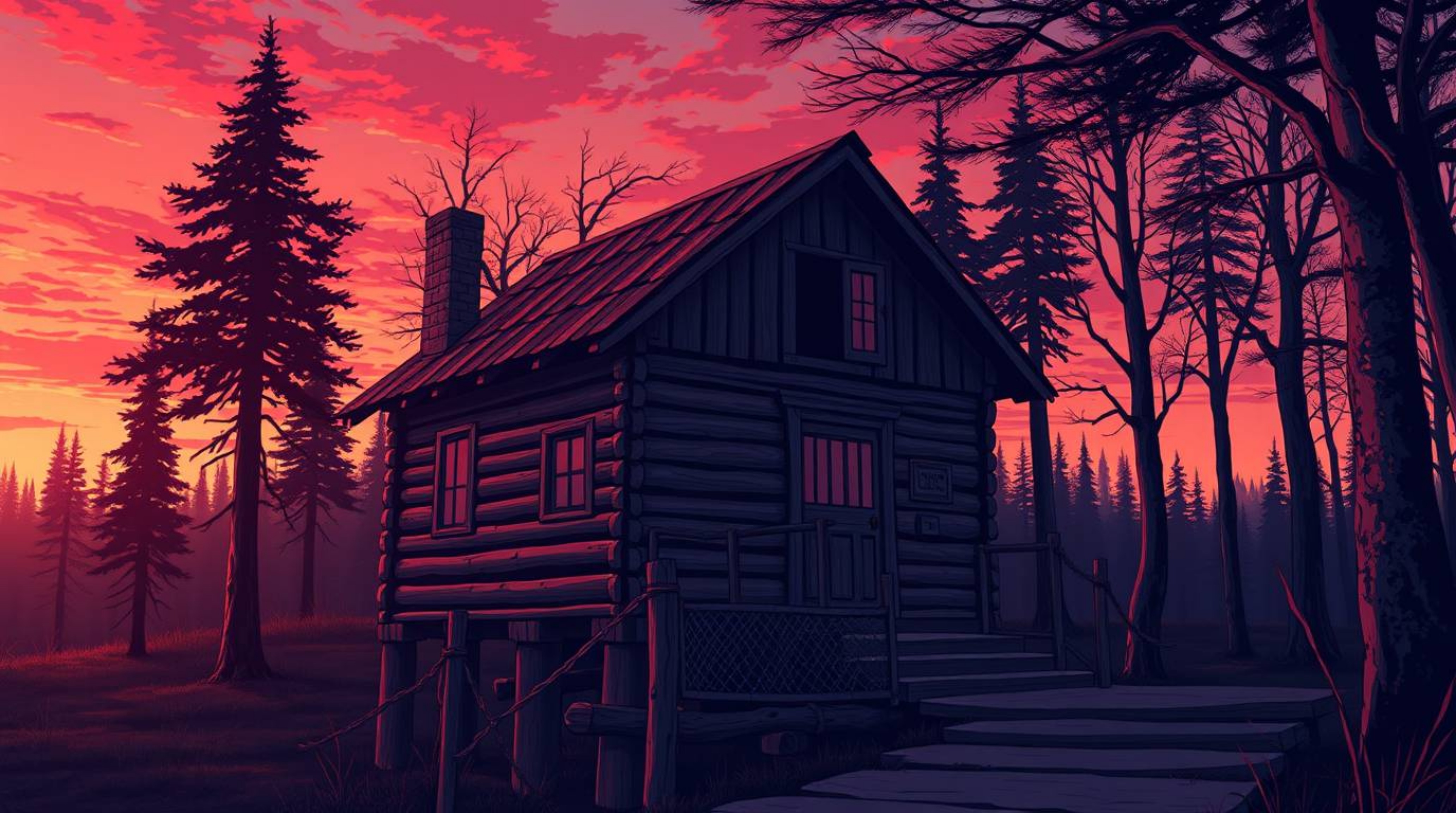 An Isekai anime-style illustration showcasing an old wooden cabin nestled within a forest during sunset, rendered in a captiv