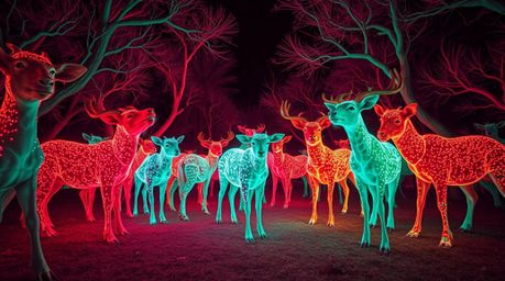 Experience a mesmerizing surreal animal dance party bathed in vibrant infrared and bioluminescent colors.  Disco lights illum
