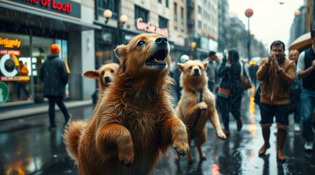 Capture the spontaneous energy of a candid street photograph depicting an animal dance party in the rain.  Disco lights illum