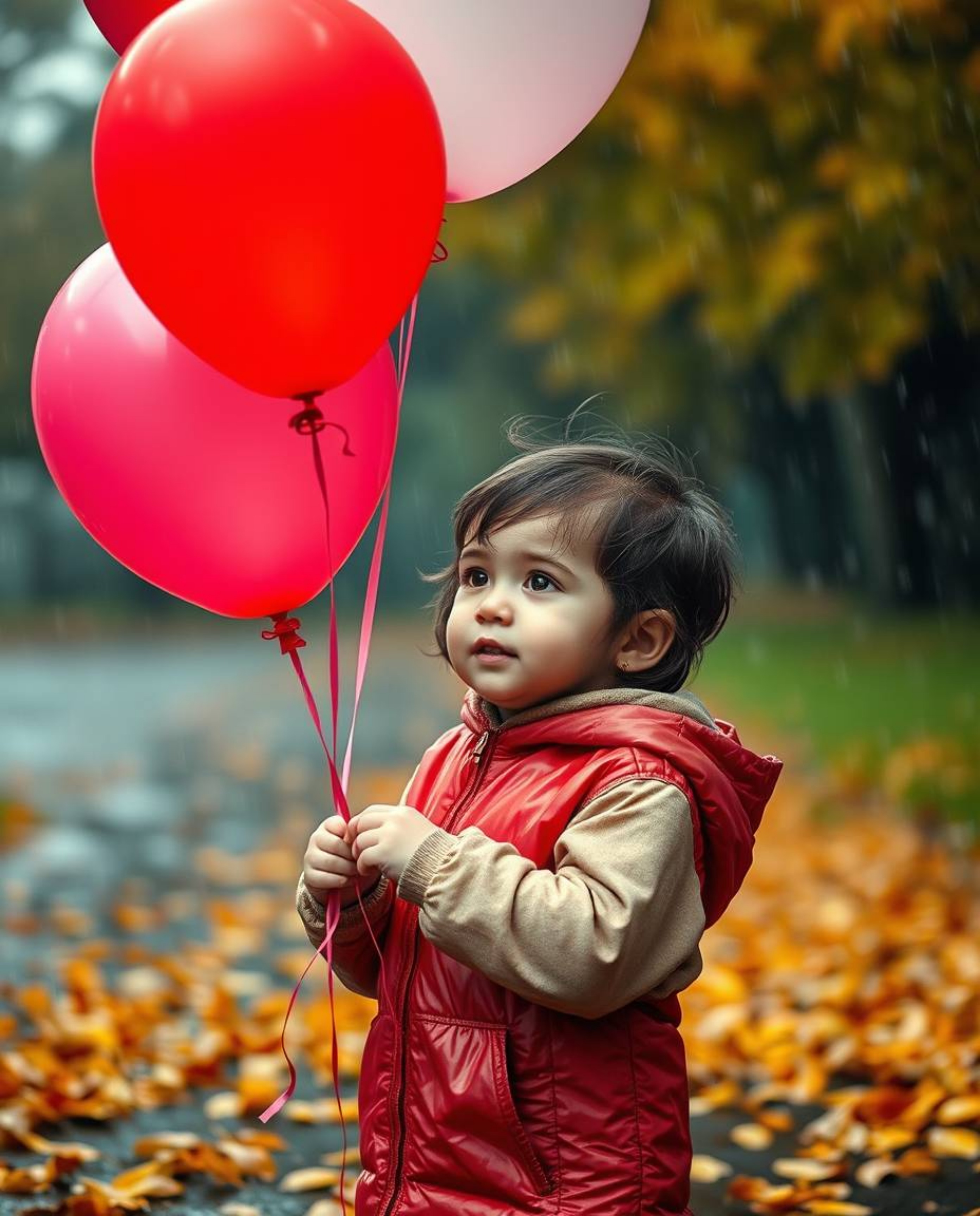 A heartwarming scene unfolds with a child holding a balloon amidst the warm hues of autumn. A drizzling rain adds a touch of 
