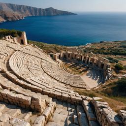 Discover a traditional Greek amphitheater dramatically situated on a hilltop, offering breathtaking views of the sea. Explore