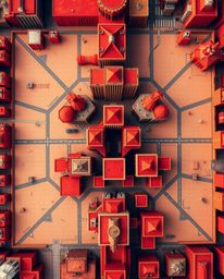 A precise architectural color photograph depicts an abstract city map composed of geometric shapes.  The top-down view showca
