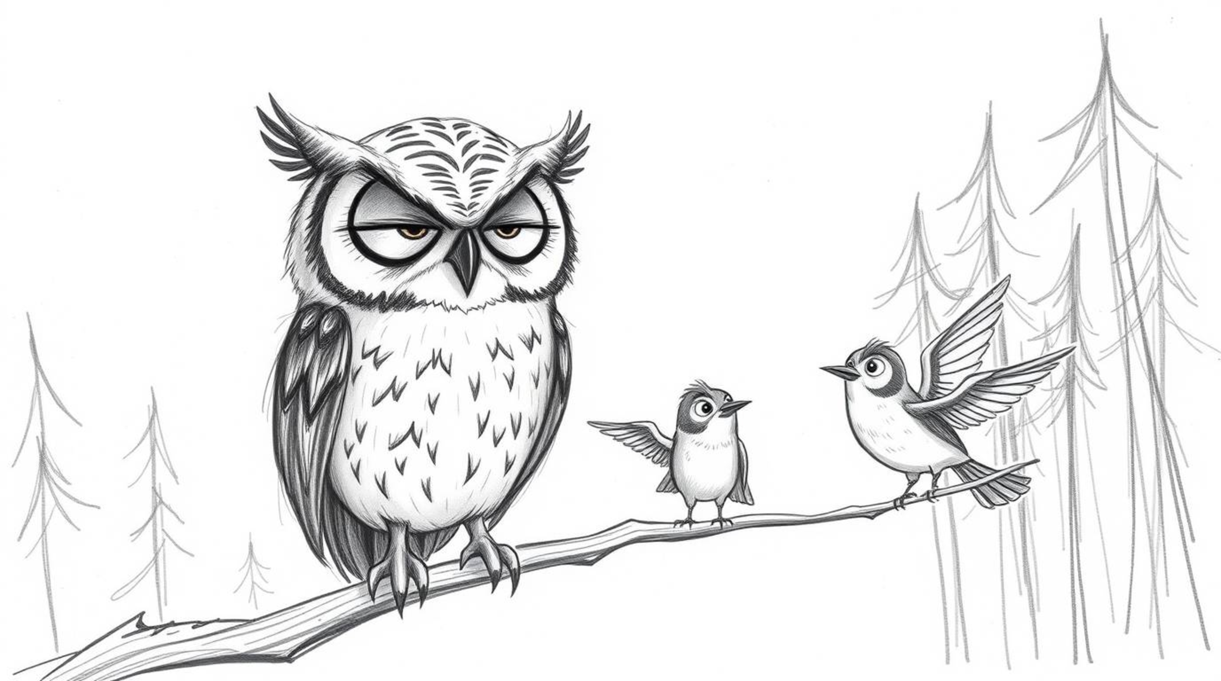A charming hand-drawn sketch in the style of Pixar depicts a wise-looking blind owl serenely guiding small birds during a fli