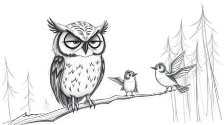 A charming hand-drawn sketch in the style of Pixar depicts a wise-looking blind owl serenely guiding small birds during a fli
