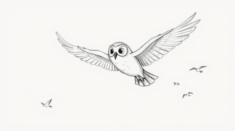 A heartwarming hand-drawn sketch in the style of Pixar depicts a blind owl with soft, expressive features guiding a flock of 