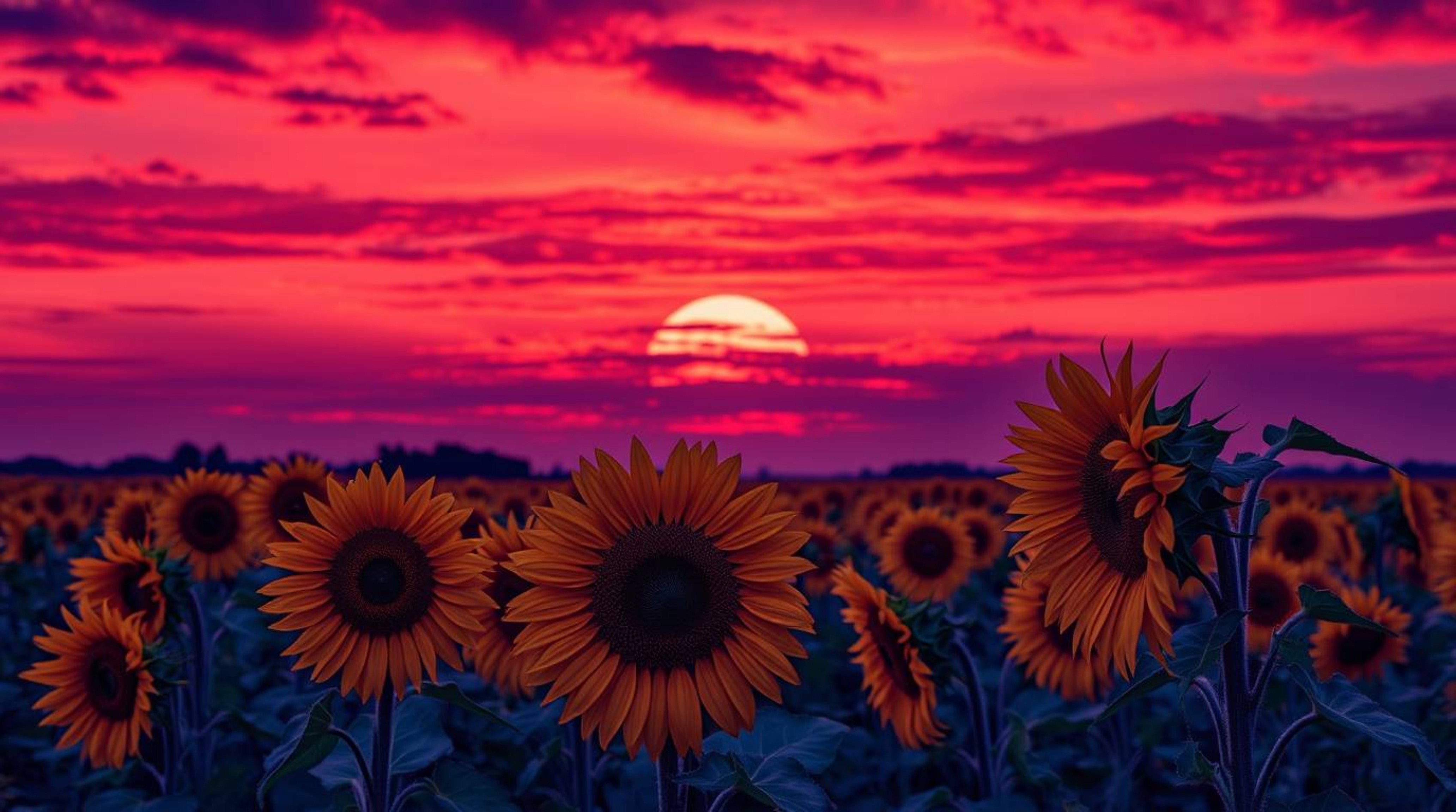 Immerse yourself in a breathtaking sunflower field bathed in the ethereal glow of a deep red and purple sky. This captivating