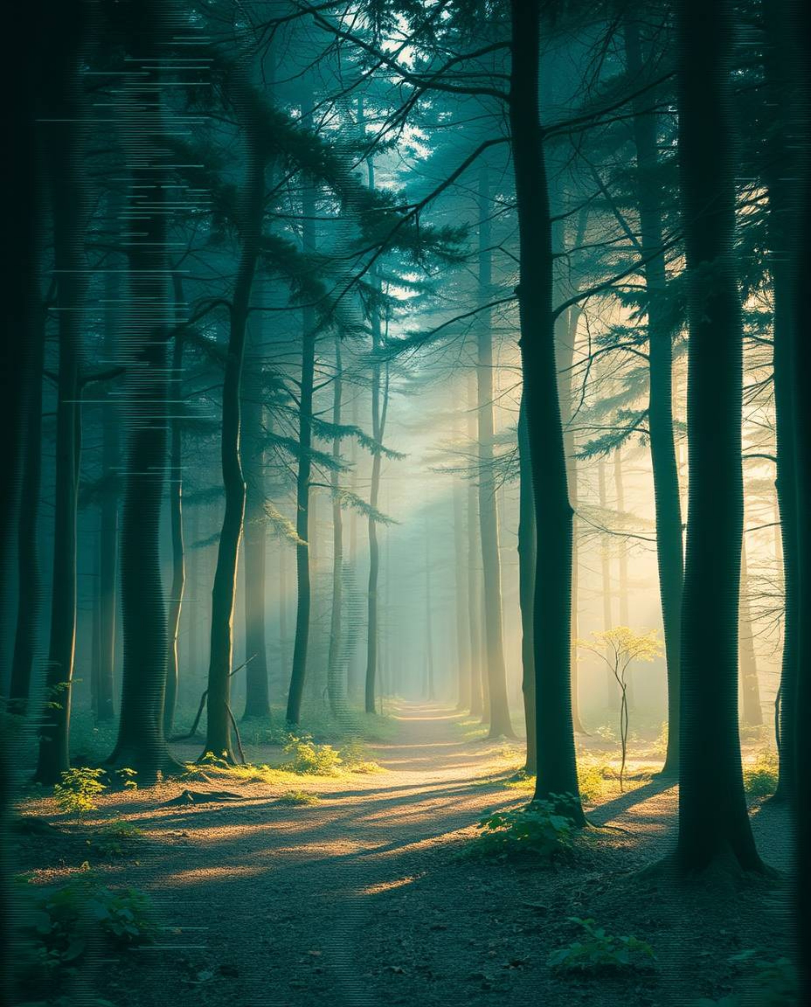 A high-resolution stock photo showcasing a captivating digital glitch effect overlaid on a lush forest scene.  The image feat