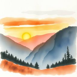 This delicate watercolor painting captures a breathtaking sunset over a quiet mountain valley. The warm autumn colors blend s