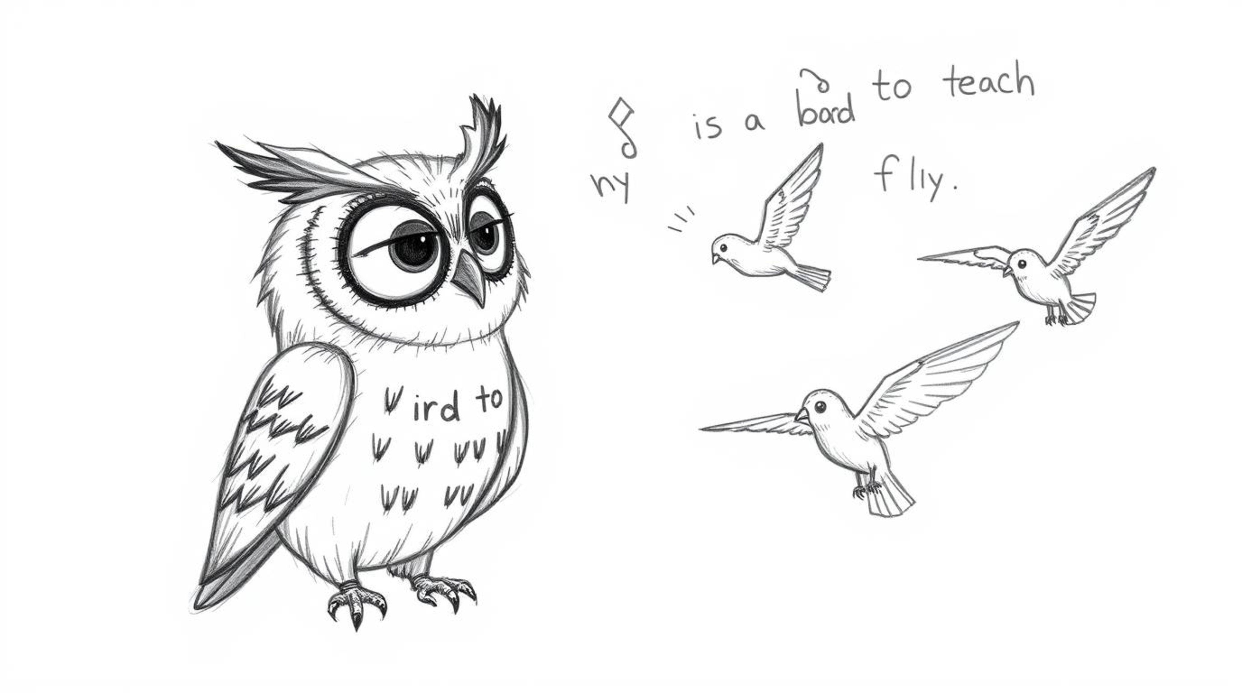 A heartwarming hand-drawn sketch in the style of Pixar portrays a blind owl with textured pencil strokes, dedicated to teachi