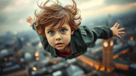 A young boy with expressive eyes and windblown hair soars through the air above London in a surreal, dreamlike scene filled w
