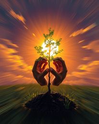 A captivating digital painting showcases hands planting a tree beneath a radiant golden sky.  The artwork utilizes vibrant bi