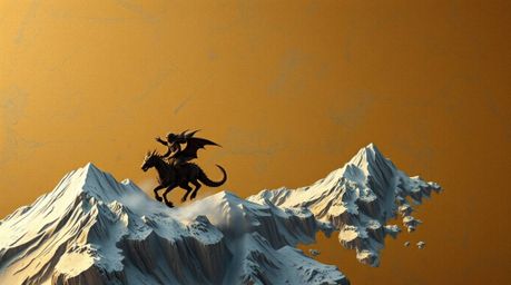 A captivating digital rendering depicts a dragon and its rider soaring above majestic icy mountains.  The artwork is styled t