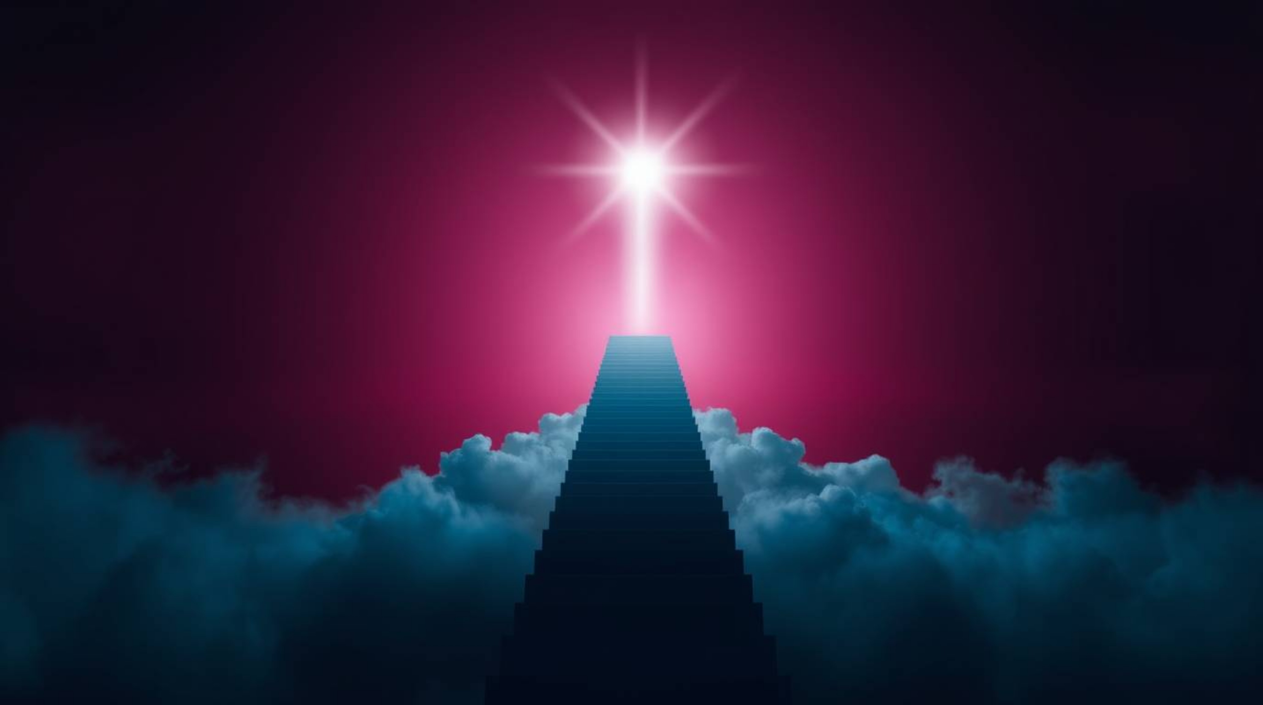 A mesmerizing image depicts a surreal stairway ascending through smoky clouds towards a brilliant celestial light.  Silhouett