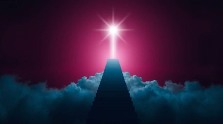 A mesmerizing image depicts a surreal stairway ascending through smoky clouds towards a brilliant celestial light.  Silhouett