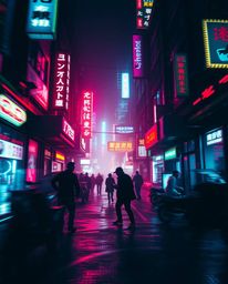 Immerse yourself in a pixelated glitch image of a cyberpunk street bathed in a neon haze. This dynamic scene utilizes high-co