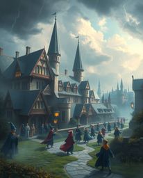 Discover a captivating illustration of a magical school brimming with young wizards.  Rendered in soft pastel colors against 