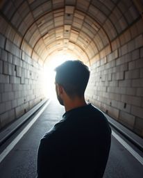 A striking architectural photograph showcases a person with olive skin standing at a tunnel entrance, gazing towards a brilli