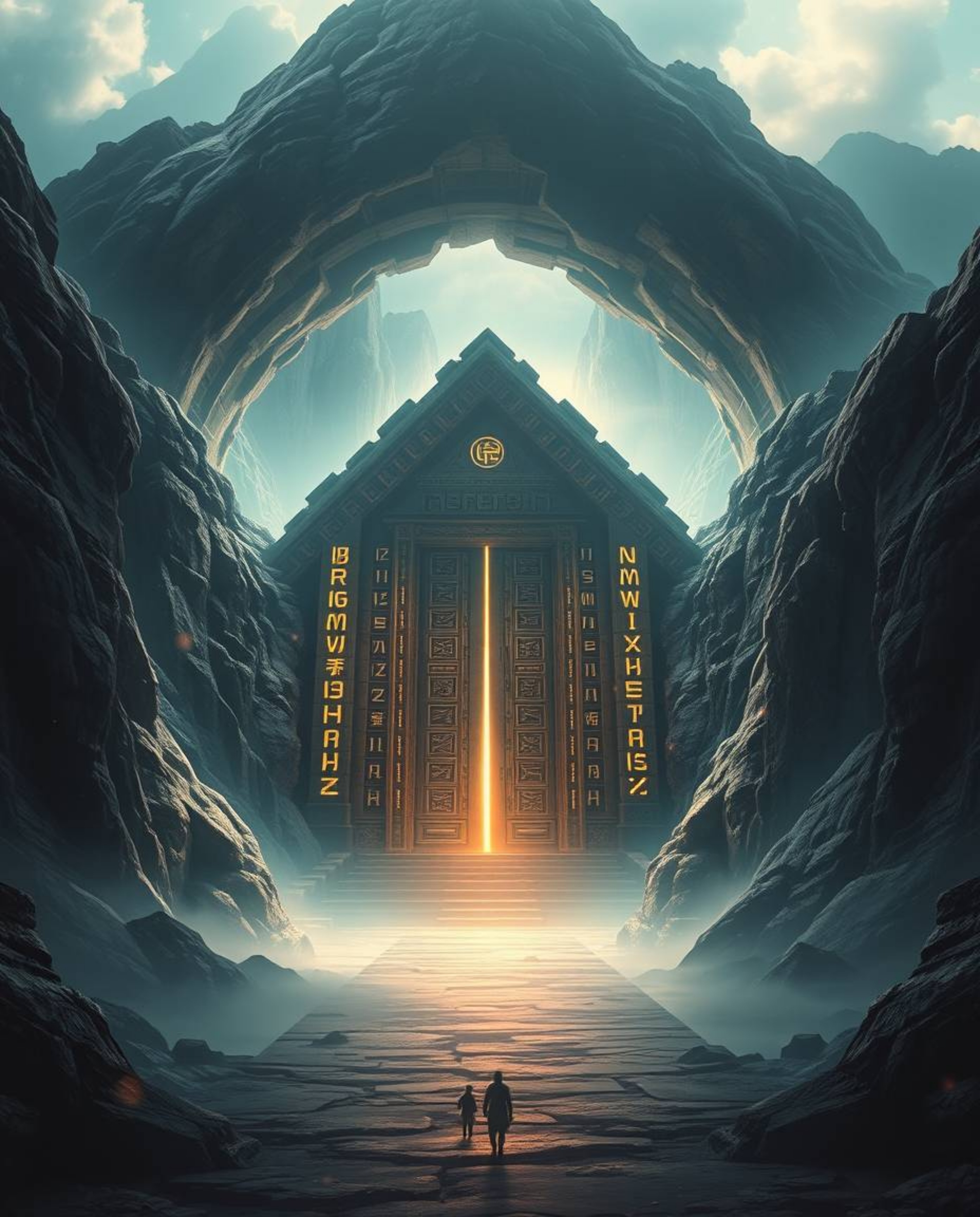 An epic and grand scene depicts an ancient doorway etched with glowing runes, nestled within a massive mountain. The heroic s