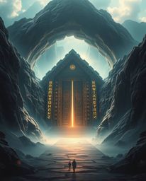 An epic and grand scene depicts an ancient doorway etched with glowing runes, nestled within a massive mountain. The heroic s