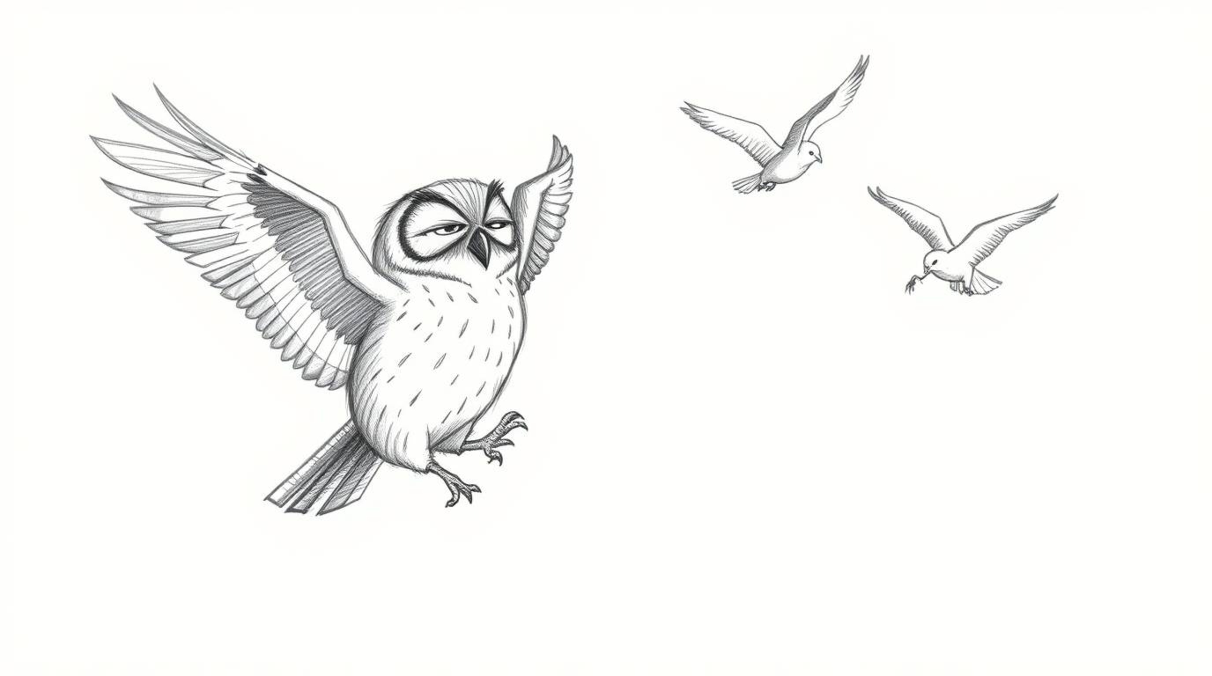 A hand-drawn sketch in the style of Pixar depicts a blind owl guiding birds in flight. The image uses rough, textured pencil 
