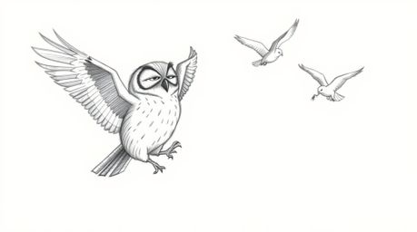 A hand-drawn sketch in the style of Pixar depicts a blind owl guiding birds in flight. The image uses rough, textured pencil 