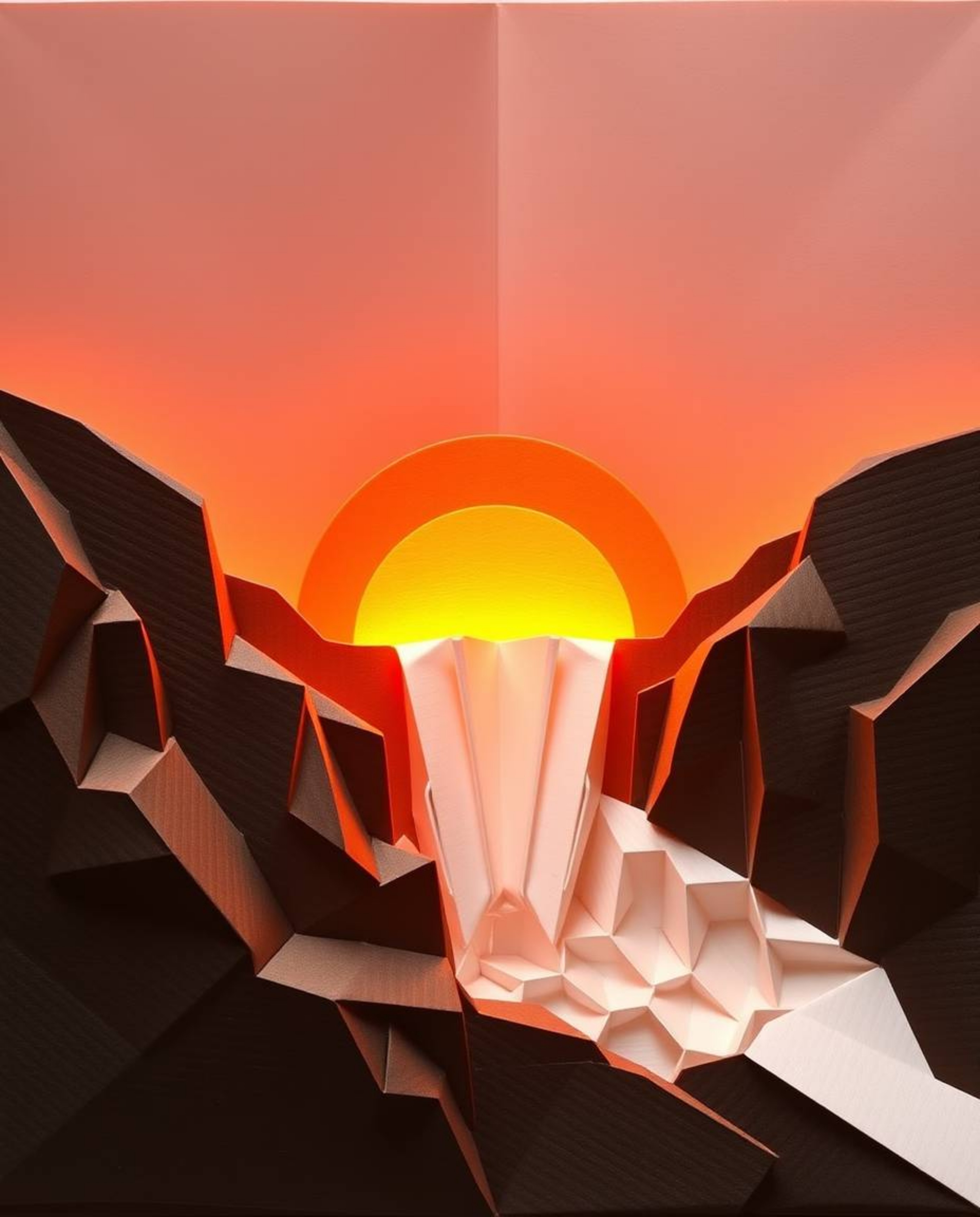 Intricate origami artwork depicting a warm golden hour sunset behind a dramatic waterfall, featuring soft light and geometric