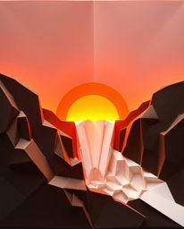 Intricate origami artwork depicting a warm golden hour sunset behind a dramatic waterfall, featuring soft light and geometric