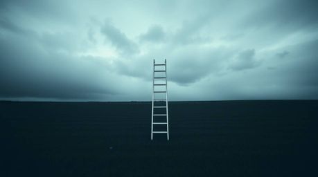 This image captures a minimalist scene featuring a silver ladder standing in an open field beneath a vast, cloudy sky. Render