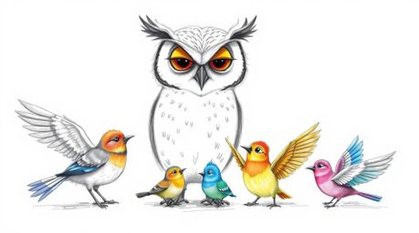 A heartwarming Pixar-style hand-drawn sketch depicts a wise, blind owl with gentle features patiently instructing small birds