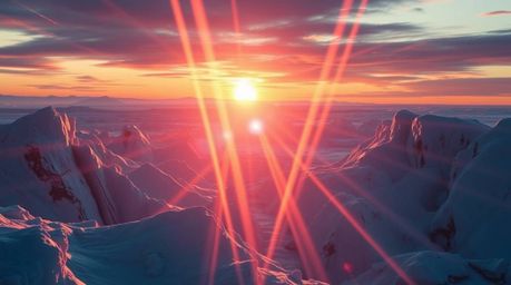Experience a breathtaking futuristic sunset over icy polar glaciers, rendered in a vibrant sci-fi style. Bright lens flares d