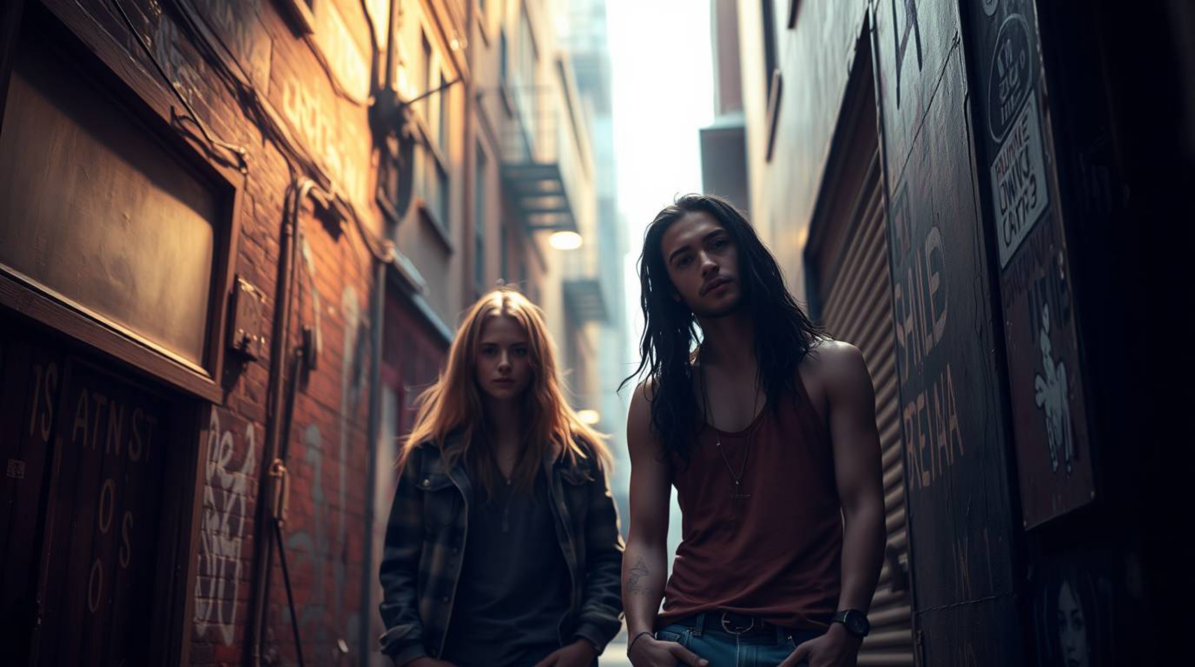 Explore the captivating scene of a grungy city alley brought to life through a dreamy photograph. The image features rebellio