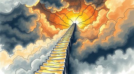 A captivating hand-drawn sketch depicts a winding stairway composed of smoke and light, ascending into a dramatically stormy 