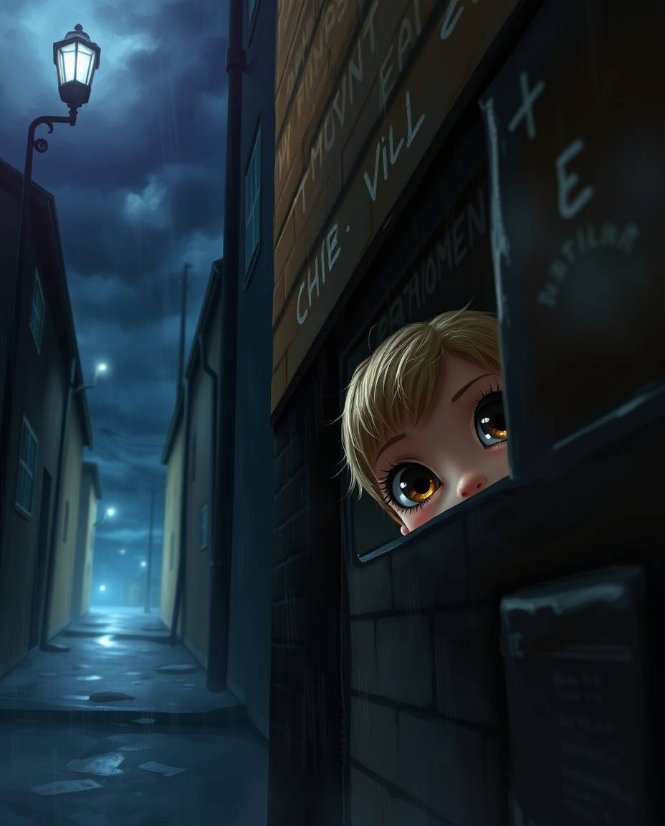 A captivating digital painting depicts adorable yet charming eyes peering from the darkness of a shadowy alley at night. The 