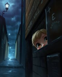 A captivating digital painting depicts adorable yet charming eyes peering from the darkness of a shadowy alley at night. The 