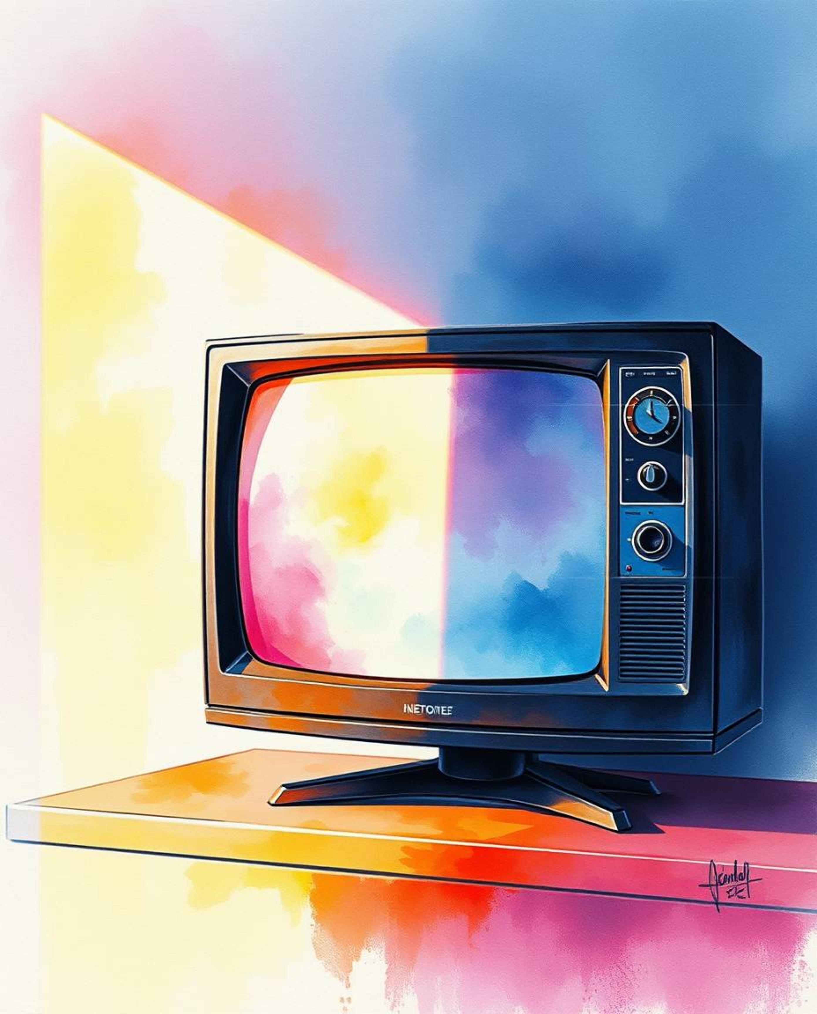 A captivating watercolor painting in a dramatic cinematic style showcases a TV screen filled with glitch static.  The artwork