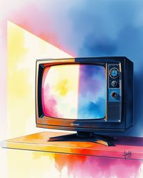 A captivating watercolor painting in a dramatic cinematic style showcases a TV screen filled with glitch static.  The artwork