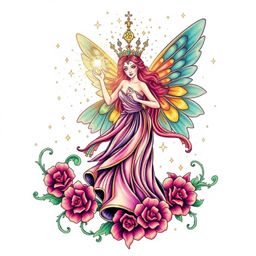 This symbolic traditional tattoo art print showcases a fairy godmother emerging in a swirl of sparkles, rendered on a grand s