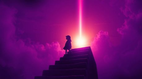 A captivating light art piece showcases a creative vision in deep ultraviolet hues. The artwork depicts a lone, charming figu