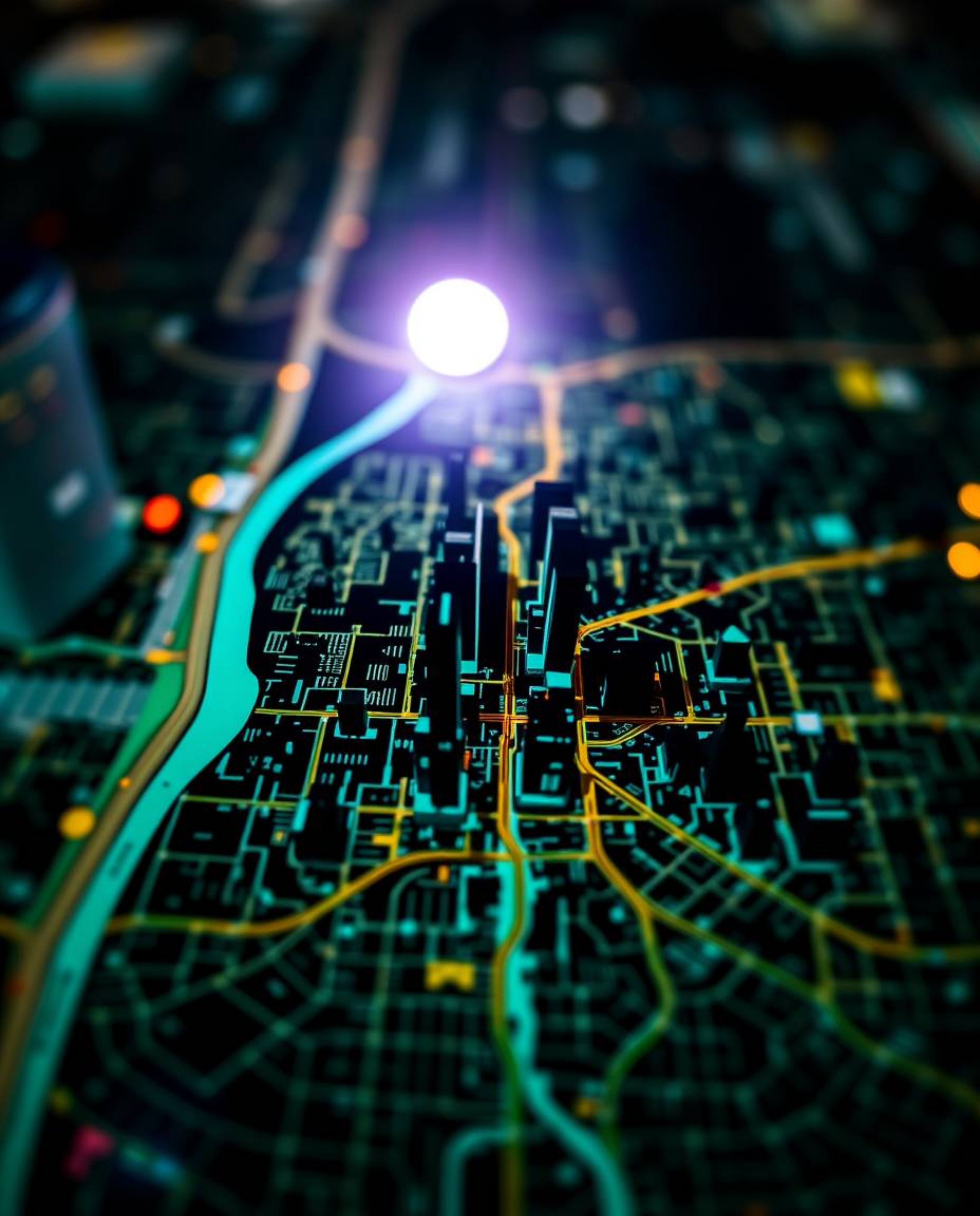 This artwork features a silhouetted city map composed of geometric shapes, presented in a top-down view. Electric and vivid c