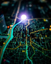 This artwork features a silhouetted city map composed of geometric shapes, presented in a top-down view. Electric and vivid c