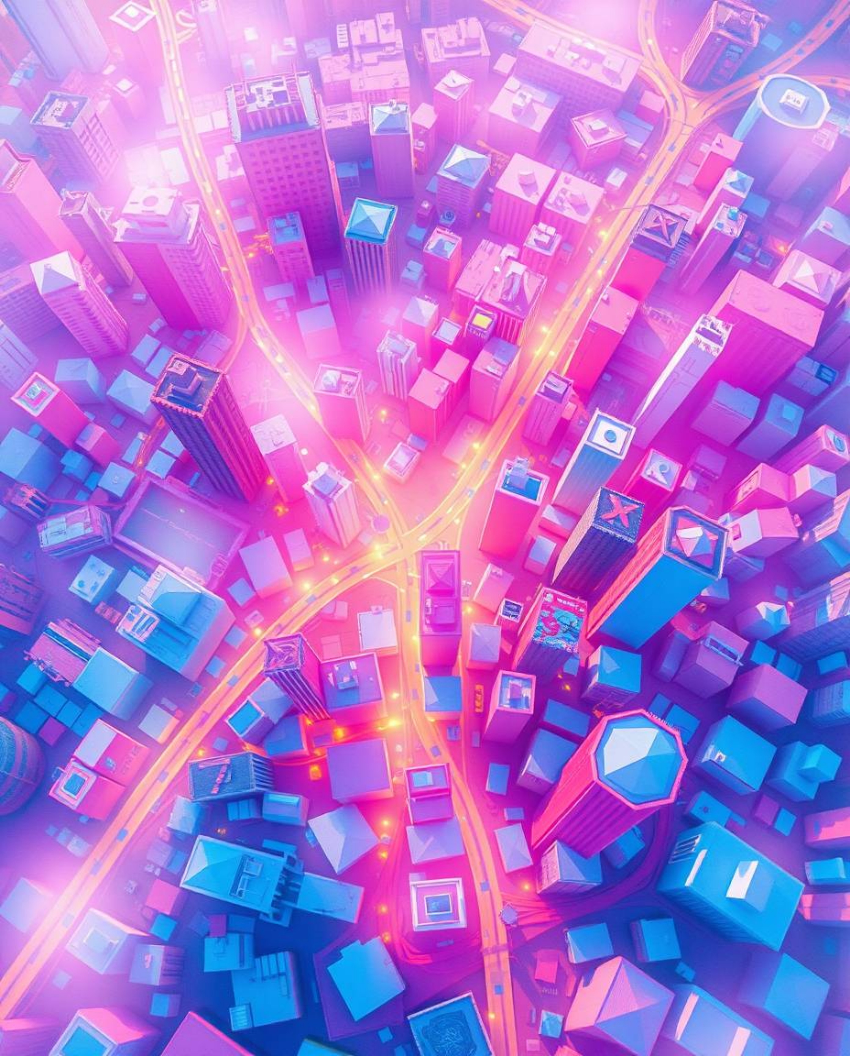 A vibrant and dreamy abstract city map, viewed from a top-down perspective, composed of geometric shapes. The artwork feature